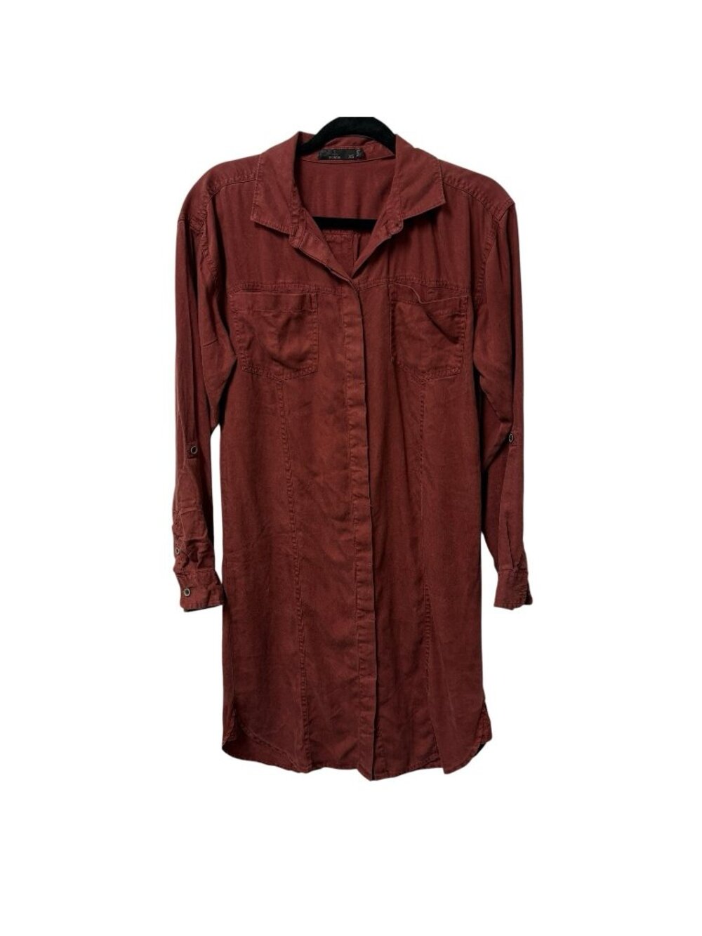 PRANA SHIRT DRESS RUST LONG SLEEVE ROLL TAB LIGHTWEIGHT SIZE XS TENCEL LYOCELL